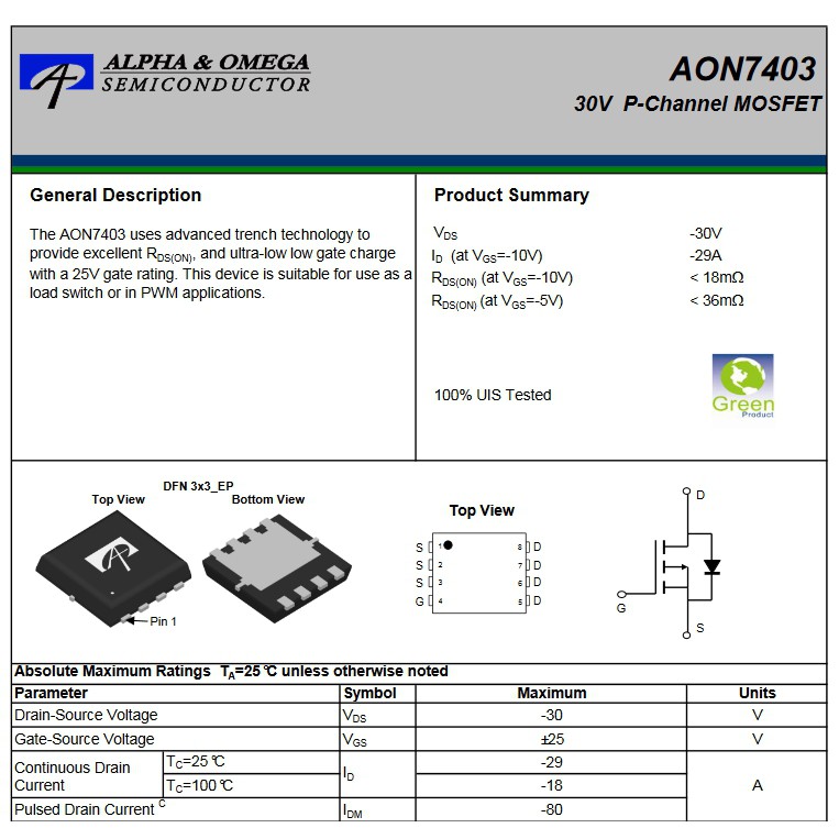Mosfet P-Channel 30V. Aon7403 Ao 7403 7403 Qfn Mosfet ของใหม่ | Shopee ...