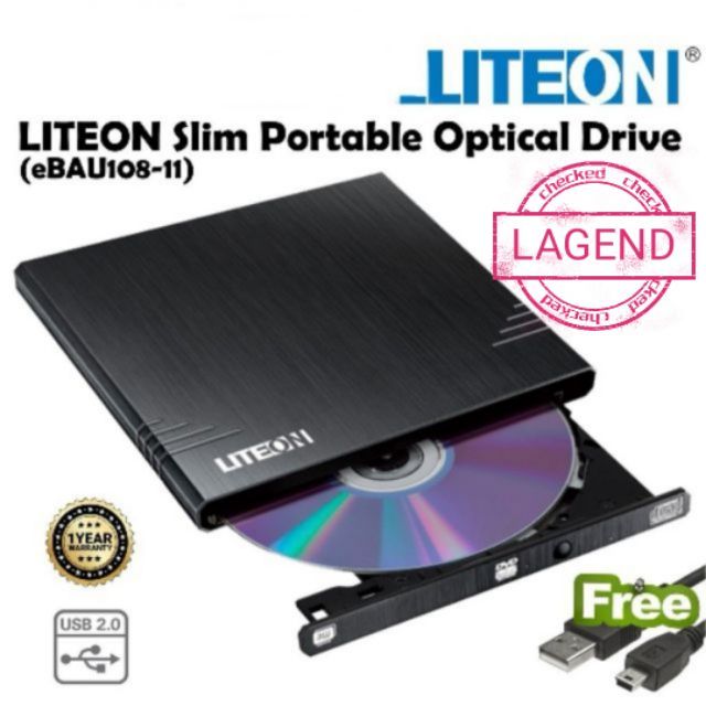 Liteon เครื่องเขียน DVD / CD ภายนอก พลังงาน USB บางเฉียบ Plug & Play
