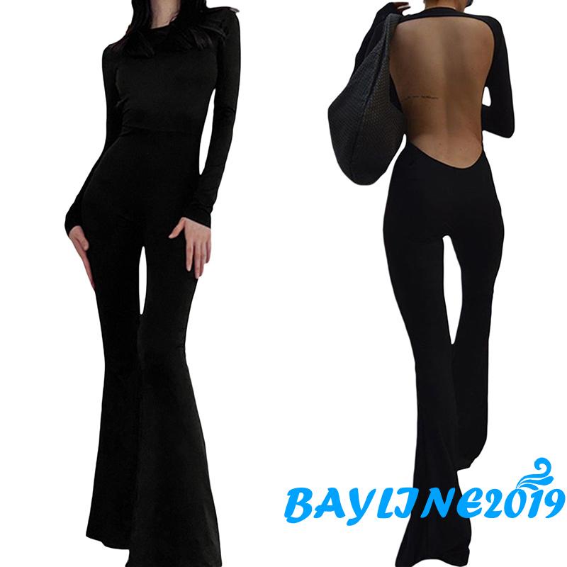bay-ชุดจั๊มสูทรอมเปอร์แขนยาว-เปิดหลัง-บอดี้คอน-กางเกงขายาว-ขาบาน-สีพื้น-แฟชั่นสําหรับผู้หญิง