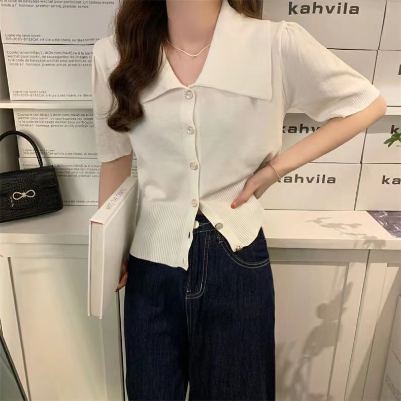 cicishop-a389-1-เสื้อแขนสั้นไหมพรม-ลายทาง-สีพื้น-คอปกหระดุมหน้า-คอปก-สไตล์เกาหลี-มินิมอล-ทรงสวย