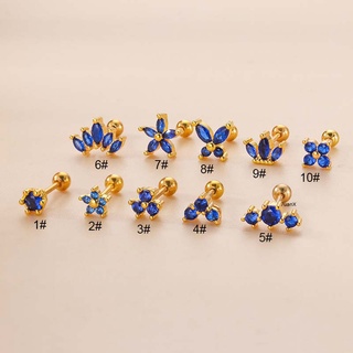 จิวเจาะหู สเตนเลส รูปมงกุฎดอกไม้ ประดับเพทาย สีฟ้า 20 เกจ 1 ชิ้น