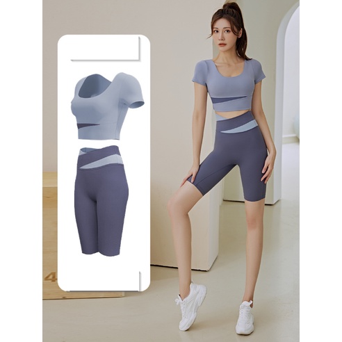 ภาพหน้าปกสินค้ามาใหม่ (ขายแยกชิ้น) ชุดออกกำลังกายผู้หญิง เสื้อครอป แขนสั้น กางเกงขาสั้นเป้าสามเหลี่ยม รุ่น Mix168