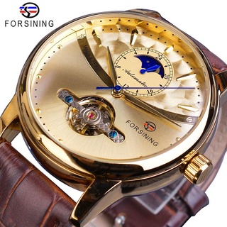 Forsining Automatic Watch Men Moon Phase Golden Skeleton Mechanical Male Watches Casual Brown Leather Band Horloges Mann