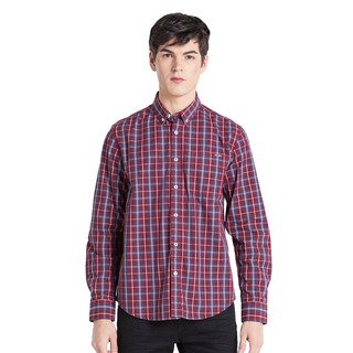 DAVIE JONES เสื้อเชิ้ต ผู้ชาย แขนยาว ลายตาราง สีแดง Long Sleeve Check Shirt in red SH0054RE