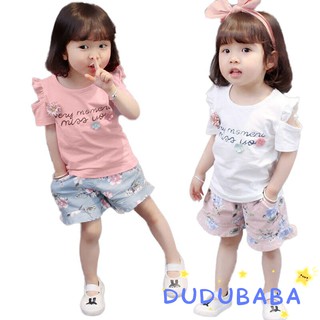 DUDUBABA เสื้อยืดแขนสั้นพิมพ์ลายตัวอักษรสำหรับเด็กผู้หญิง 2 ชิ้น