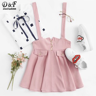 ‼️SALE‼️ พร้อมส่ง Dotfashion Pink Button Bow Back Pinafore Dress