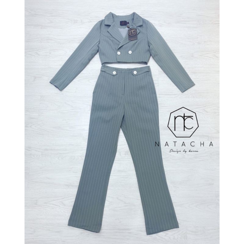 natacha-set-เสื้อเบลเซอร์สั้นแขนยาว-กางเกงขายาว-ลายทาง