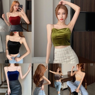 เสื้อครอปท็อปแขนกุด สายสปาเก็ตตี้ ผ้ากํามะหยี่ เหมาะกับฤดูร้อน สําหรับผู้หญิง ไซซ์ S-XL