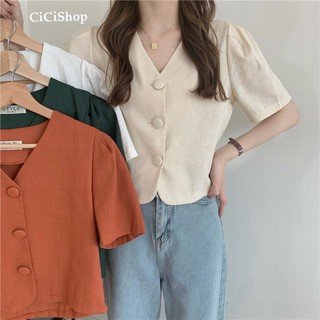 สินค้า Cicishop(Y2171)เสื้อครอปแขนสั้น ดีเทลกระดุมผ่ากลางเนื้อผ้าใส่สบาย โทนสีสวยใส่แมทช์ได้กับทุกลุค