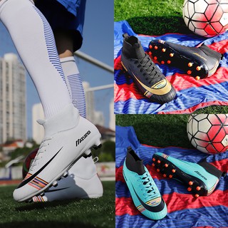 จัดส่งฟรี！！！ ไนกี้ฟุตบอลรองเท้า Soccer/Football Shoes รองเท้าฟุตบอล คุณภาพสูง หนังวัวสีดำ Best PVC High Top FG Sneaker