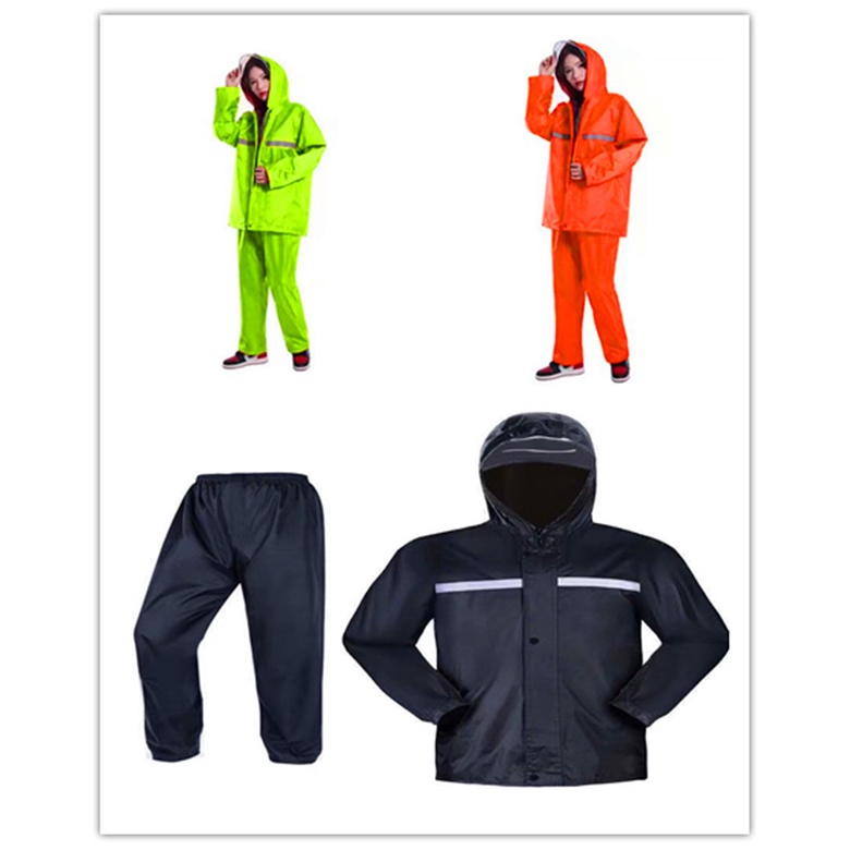 ภาพหน้าปกสินค้าชุดกันฝน ชุดกันน้ำ เสื้อกันฝน สีดำ/สีส้ม/สีเขียว มีแถบสะท้อนแสง รุ่นหมวกติดเสื้อ size M-4XL