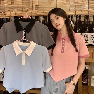 พร้อมส่ง ใหม่ เสื้อโปโลแขนสั้น สีตัดกัน ทรงไม่สมมาตร สําหรับผู้หญิง JL-TX-148 2022