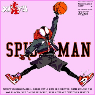 เสื้อยืดโอเวอร์ไซส์Marvel hero spiderman เสื้อยืดชาย ins แนวโน้ม vibrato ตลกสร้างสรรค์ flying man รูปแบบชายผ้าฝ้าย T-shi