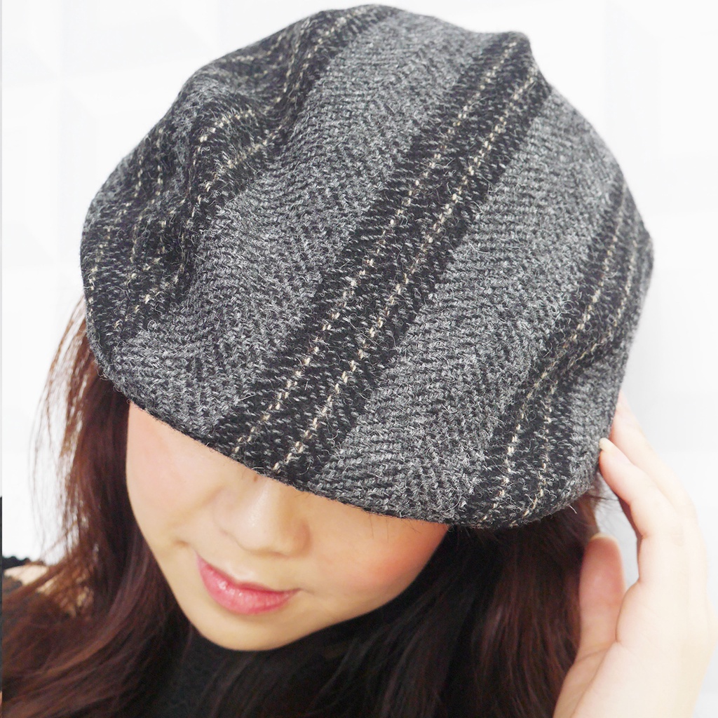 atipa-หมวกเบเร่ต์-tweed-beret-ลายทางคาดดำ-สุดชิค-เข้ากับเสื้อได้ง่าย