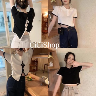 Cicishop(6760)เสื้อแขนสั้นไหมพรมคอโปโล ดีไซน์กระดุมด้านหลังชายเสื้อไม่เท่ากันแบบเก๋ๆ น่ารักเซ็กซี่เบาๆ