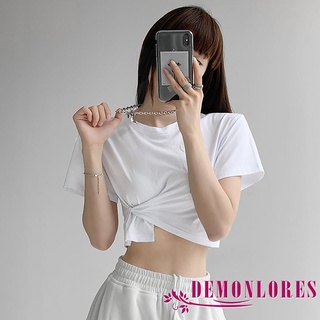 Demq- เสื้อครอปท็อป คอกลม แขนสั้น ทรงไม่สมมาตร สีพื้น สําหรับผู้หญิง ผู้ใหญ่