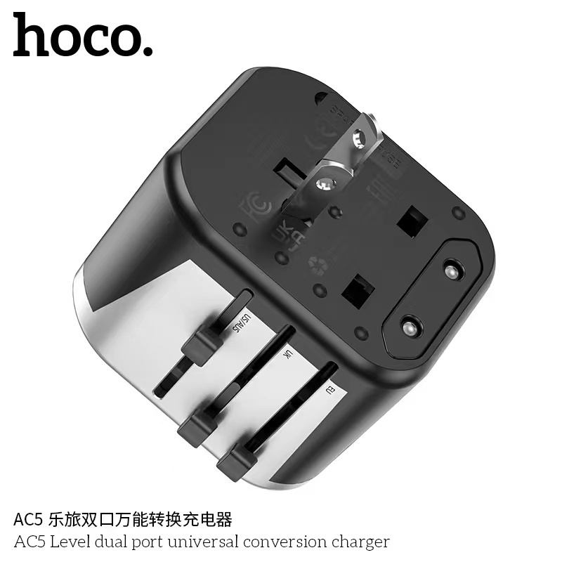 hoco-2022-ac5-travel-charger-ชุดหัวชาร์จปลั๊กแปลงแรงดันไฟฟ้าทั่วโลก-universal-converter-charger-2-usb