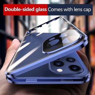 เคสโทรศัพท์โลหะแม่เหล็กพร้อมเลนส์กล้อง For iPhone 12 Pro Max 12 Mini double sided magnetic glass cover with metal camera lens protector film 360 Magnetic Adsorption Metal Case