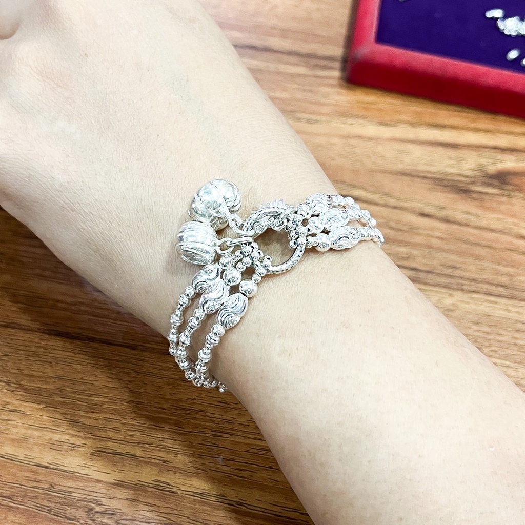 สร้อยข้อมือรร้อยเงินแท้-3-แถวชาร์มฝักทอง-dsp-925-sterling-silver-bracelet-cfs0001