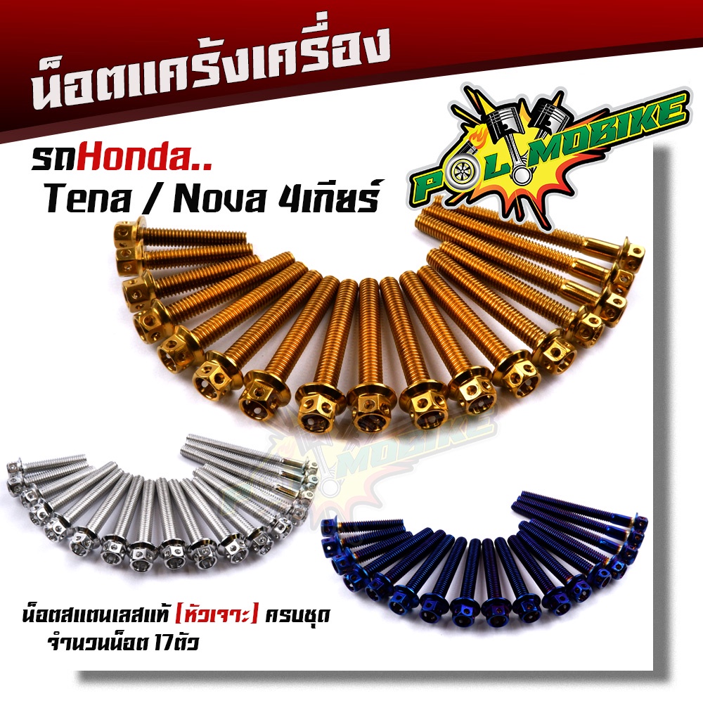 น็อตแคร้งเครื่อง NOVA TENA 4เกียร์ เลสแท้100% (1ชุด 17ตัว) น็อตหัวเจาะ น็อตแคร้งโนวา น็อตแคร้งเทน่า