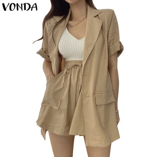 สินค้า Vonda เสื้อเบลเซอร์แขนสั้น คอปก และกางเกงขาสั้น สไตล์เกาหลี สําหรับผู้หญิง