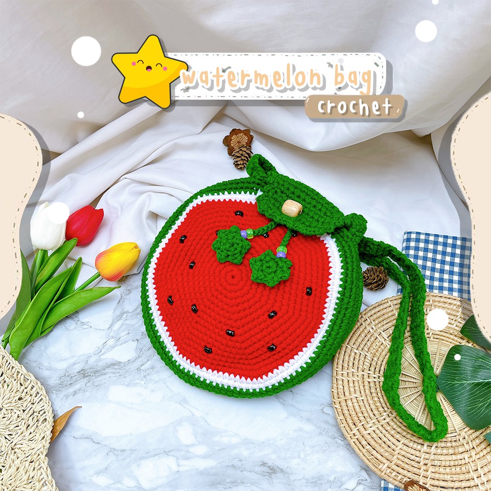 bbs-handmade100-กระเป๋าไหมพรม-กระเป๋าเชือกถัก-โครเชต์ไหมพรม-แตงโม-watermelon-น่ารักๆ