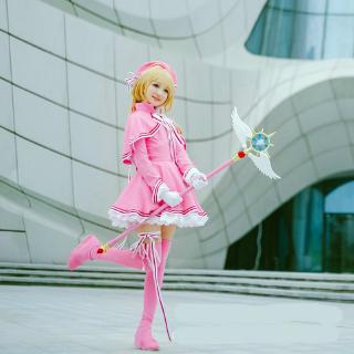 ชุดคอสเพลย์ Cardcaptor Sakura clothing magic wand role dress  cos Girl cherry pink dress Wig