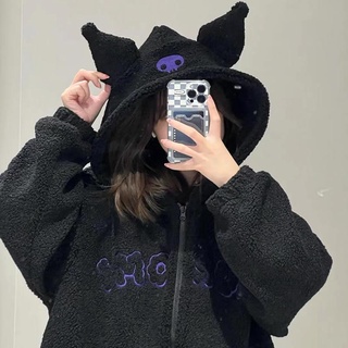 Kuromi jk เสื้อกันหนาว มีฮู้ด ผ้าขนสัตว์เทียม แบบหนา ปักลาย ทรงหลวม สีดํา แฟชั่นฤดูใบไม้ร่วง และฤดูหนาว สําหรับเด็กผู้หญิง