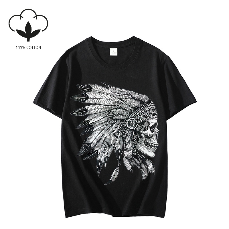 cod-แฟชั่นที่กำหนดเอง-แฟชั่นสบายๆ-เสื้อ-american-motorcycle-skull-native-indian-eagle-chief-vintage-t-shirt-เสื้อยืด