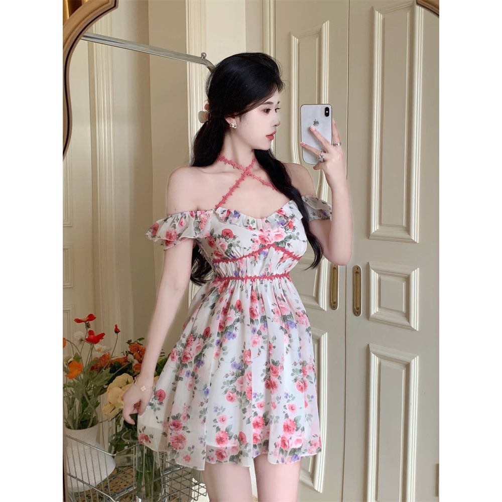 พร้อมส่ง-เดรสชีฟอง-ลายดอกกุหลาบ-แขนสั้น-มีสายผูกคอ-เสื้อผ้านำเข้า-สไตล์เกาหลี-a154
