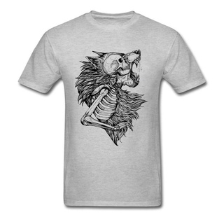 T-shirt  เสื้อยืด ผ้าฝ้าย พิมพ์ลายหัวกะโหลกหมาป่า สีเทา สไตล์ฮิปฮอป สตรีท สําหรับผู้ชายS-5XL