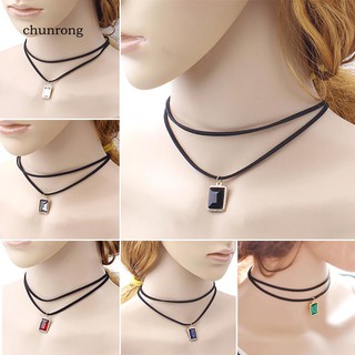 CHU_Rectangle Pendant Double Layers Velvet Chain Choker Short Necklace Lady Gift