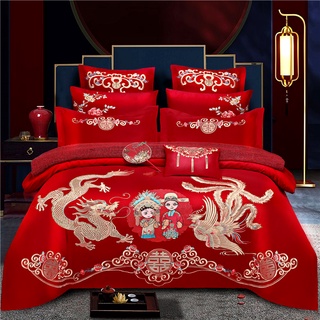4 IN 1 ชุดเครื่องนอน ชุดเครื่องนอน ผ้าปูที่นอน ปลอกหมอน ผ้านวม ราชินี ราชา สีแดง เย็บปักถักร้อย สไตล์จีน สําหรับงานแต่งงาน