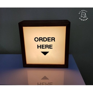 Wooden light box **เปลี่ยนข้อความได้** กล่องไฟขอบไม้ ป้ายไฟตั้งโต๊ะ ป้ายไฟ 1 หน้า order here, pick up here