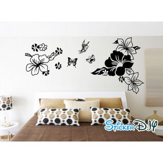 SALE Transparent wall sticker สติ๊กเกอร์ติดผนัง ดอกชบาสีดำ (กว้าง110cm.xสูง50cm.)