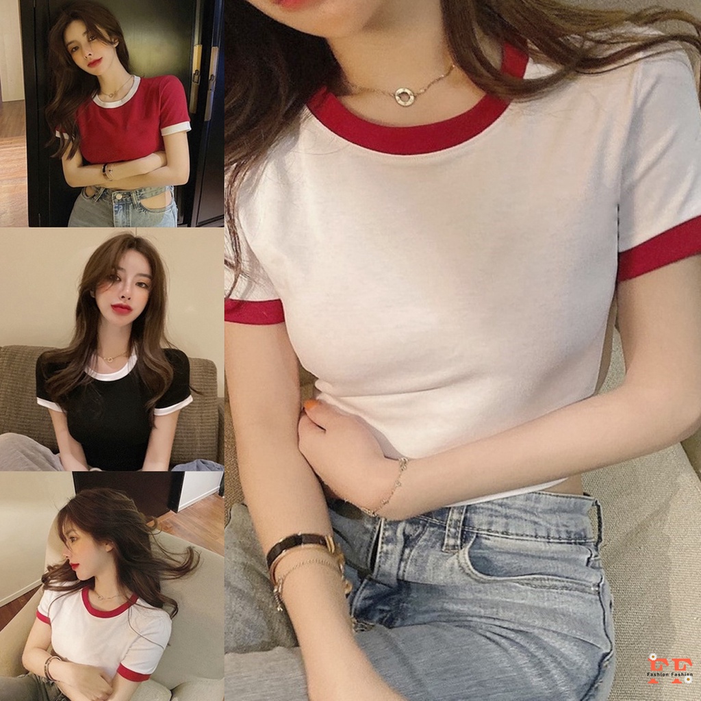 สต็อกไทย-ff-เสื้อยืดผ้าคอตตอนทรงพอดีตัว-แต่งกุ้นขอบ-4-สี