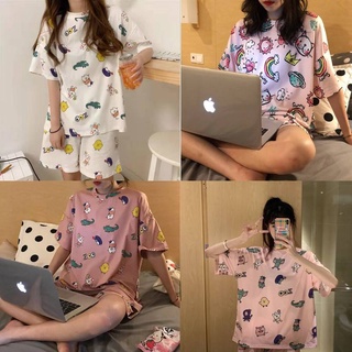 [ราคาที่ดีที่สุด] ชุดนอน 4 รูปแบบการ์ตูนน่ารักเสื้อยืดแขนสั้น + กางเกงขาสั้น M1