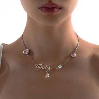 Pjeelry ใหม่ สร้อยคอ ประดับเพทาย สีชมพู สีฟ้า สีม่วง ลายตัวอักษร สไตล์ฝรั่งเศส แฟชั่นฤดูใบไม้ผลิ และฤดูร้อน 2022