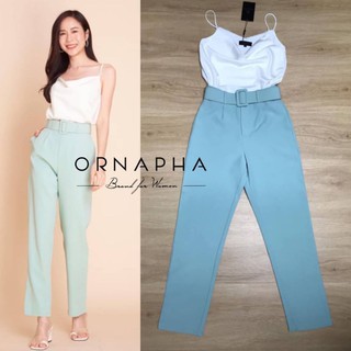 ORNAPHA BRAND: เสื้อ+กางเกงขายาว+เข็มขัดเสื้อสายเดี่ยวทรงปล่อยจับคู่กับกางเกงเอวสูงเขียว