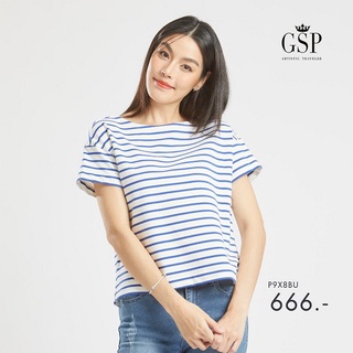 GSP เสื้อยืด เสื้อยืดผู้หญิง Lucky Stripes Blouse เสื้อยืดแขนสั้นลายริ้วสีขาวกรม  (P9X8BU)