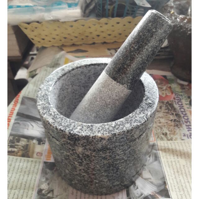 แถมฟรีโมบายเปลือกหอย-ครกหินอ่างศิลา-สาก-mortar-pestle-กระบอก-ขนาด-กว้าง-5-5-นิ้ว-สูง4-5-5-นิ้ว