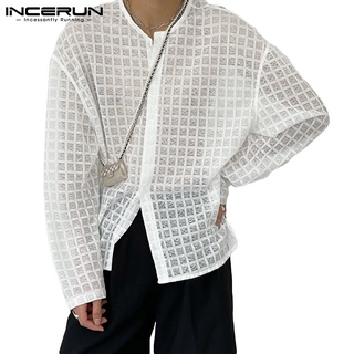 Incerun เสื้อเชิ้ตลําลองแฟชั่นสําหรับผู้ชายผ้าตาข่ายแขนยาวกันแดด