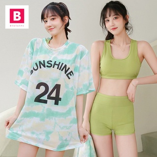 BikiniFC🧸 SB185 ฟรีไซส์ มี3สี ชุดว่ายน้ำแฟชั่น ชุดออกกำลังกาย สีพาสเทล เซ็ท3ชิ้น บรามีฟองน้ำเสริม พร้อมเสื้อแขนสั้น