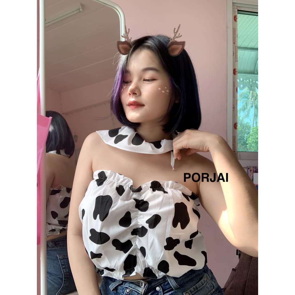 porjai-เซตเกาะอก-ผ้าโพกผม-เสื้อลายวัว-งานตัดร้าน