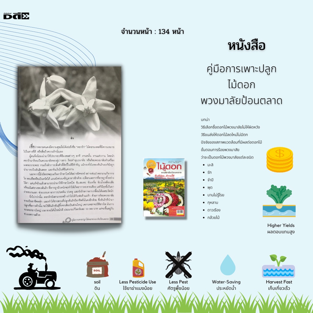 หนังสือ-คู่มือการเพาะปลูกไม้ดอกพวงมาลัยป้อนตลาด-ดอกมะลิ-ดอกรัก-ดอกจำปี-ดอกพุด-ดอกบานไม่รู้โรย-กุหลาบ-ดาวเรือง-กล้วยไม้