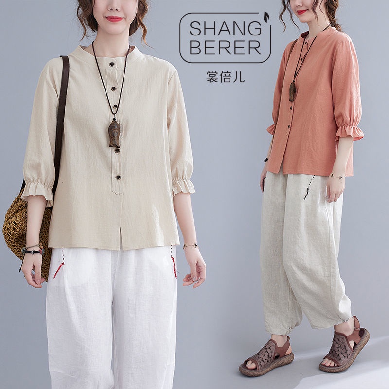 shang-beier-ฤดูร้อน-เสื้อเชิ้ตผ้าฝ้ายและผ้าลินินสไตล์ใหม่หญิงวรรณกรรมย้อนยุคหลวมเสื้อเชิ้ตปิดสาม-เสื้อสตรีแขนสี่ส่วน