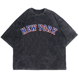 เสื้อยืดผ้าฝ้ายพิมพ์ลายเสื้อยืดแขนสั้น พิมพ์ลาย NEW YORK WASHING VINTAGE ขนาดใหญ่