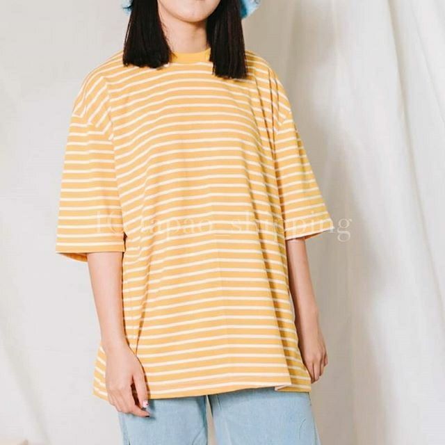 เสื้อยือ-oversize-ลายทาง-สีขาว-เหลือง