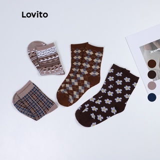 ภาพหน้าปกสินค้าLovito ถุงเท้าผ้าฝ้าย ข้อสูง สไตล์เพร็พพี้ วินเทจ L001083 (สีดำ/น้ำตาล/สีกากี/แดงไวน์แดง) ซึ่งคุณอาจชอบสินค้านี้