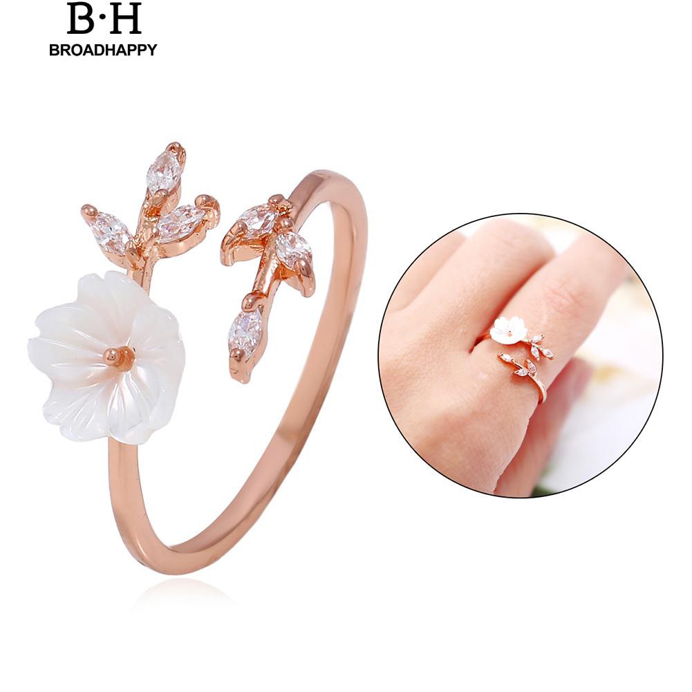 broadhappy-แฟชั่นดอกไม้เพทายเปิดแหวนปรับผู้หญิง-แหวนเกลี้ยง
